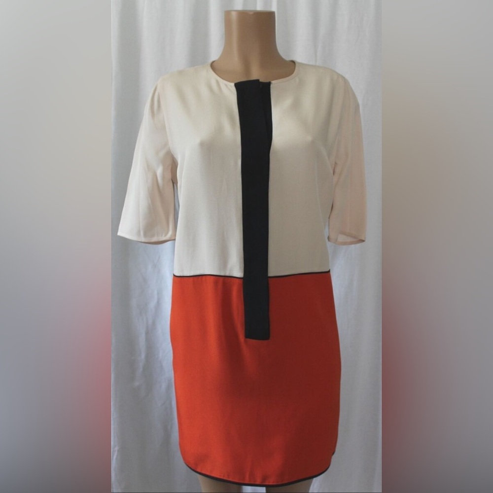 Victoria Beckham silk color block orange cream navy dress